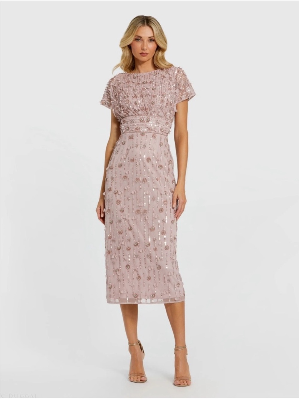 Mac Duggal 94117 Pink Cap Sleeve Sheath Midi Dress With Floral Beading Sz 12